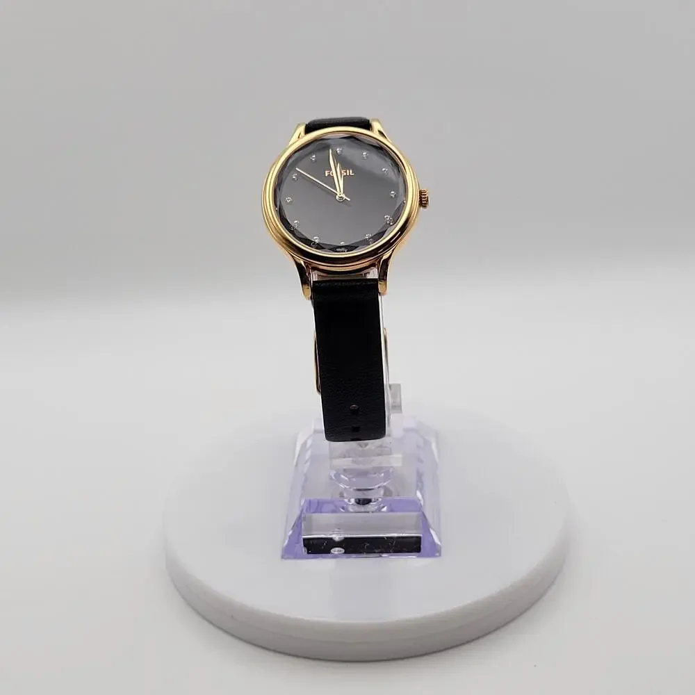 Fossil Womens Gold Tone Black Dial Crystal Markers Quartz Watch Leather Strap